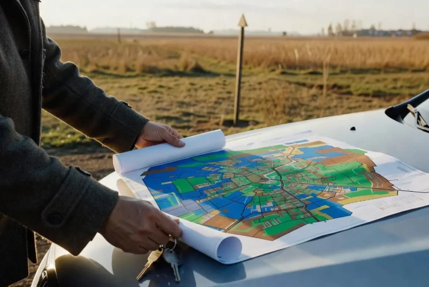 mężczyzna z mapą na działkach
