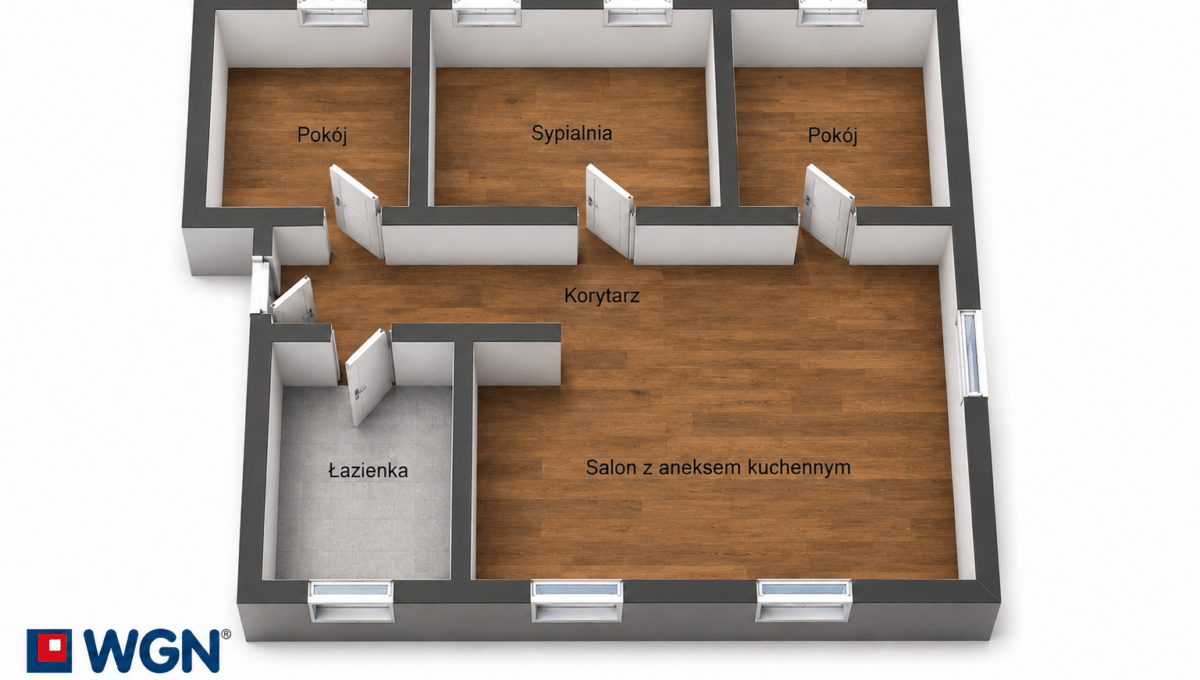 Izometryczny plan mieszkania z ciemnym drewnem
